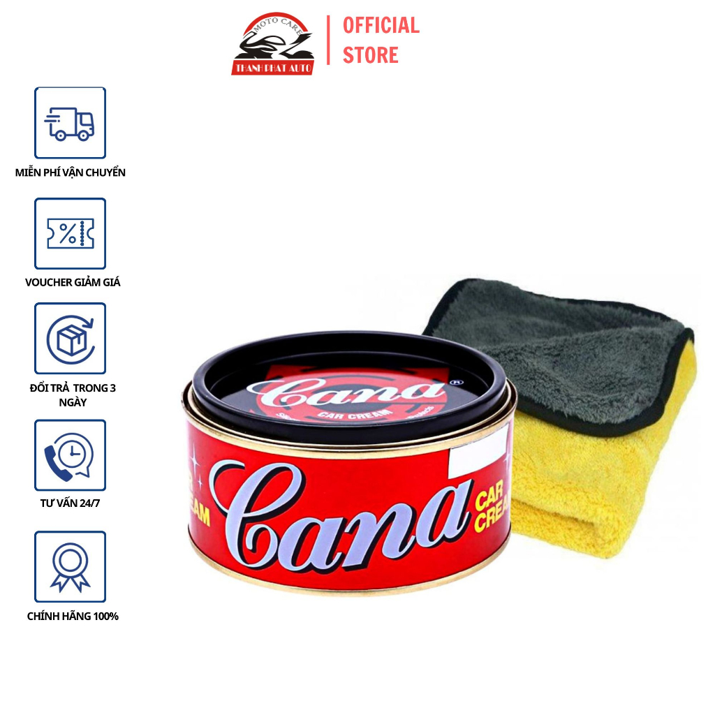 COMBO kem đánh bóng Car Cream CANA 100G-200G và Khăn lau xe Microfiber Cloth 30x30 cao cấp