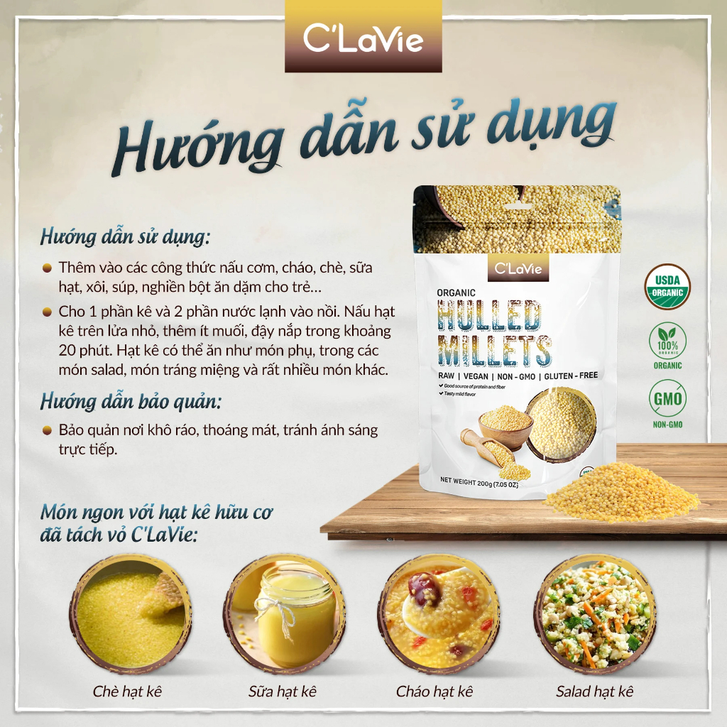Hạt Kê hữu cơ đã tách vỏ C'lavie 200g