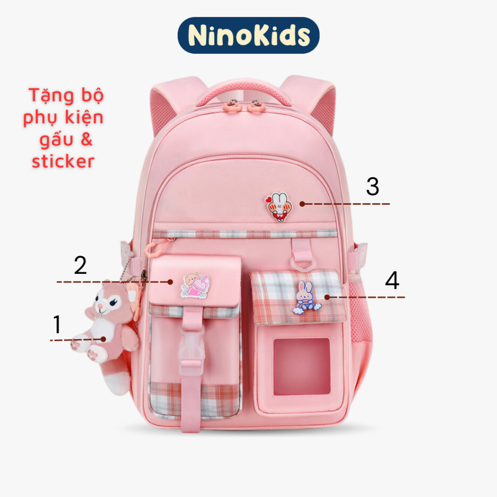 Balo học sinh, gọn nhẹ, mềm mại và tặng phụ kiện gấu sticker đáng yêu cho bé gái từ lớp 1 đến lớp 6 BLG4 HỒNG NinoKids