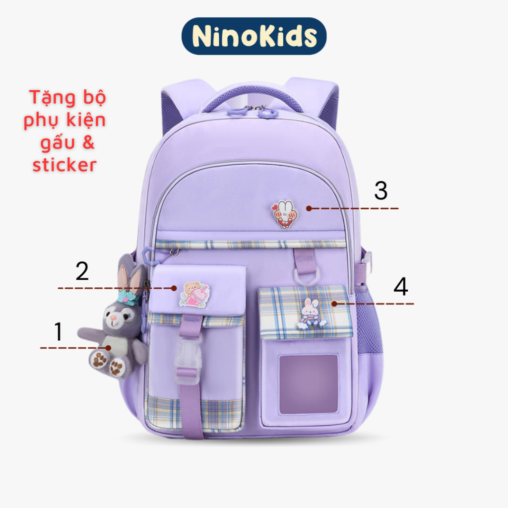 Balo học sinh, gọn nhẹ, mềm mại và tặng phụ kiện gấu sticker đáng yêu cho bé gái từ lớp 1 đến lớp 6 BLG4 TÍM NinoKids