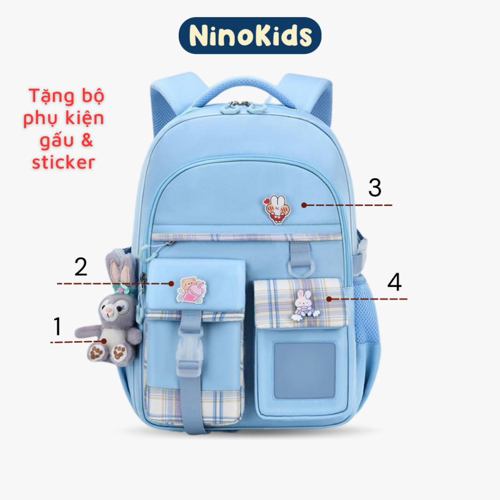 Balo học sinh, gọn nhẹ, mềm mại và tặng phụ kiện gấu sticker đáng yêu cho bé gái từ lớp 1 đến lớp 6 BLG4 XANH NinoKids