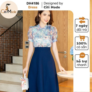 Đầm công sở CITI MODE FASHION thiết kế xoè hoa cổ nơ phối chân váy xanh DH4186