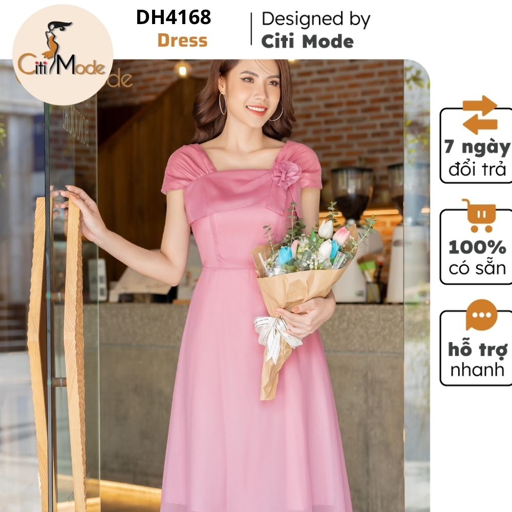 Đầm công sở CITI MODE FASHION thiết kế xoè peplum hồng cổ vuông đính hoa DH4180