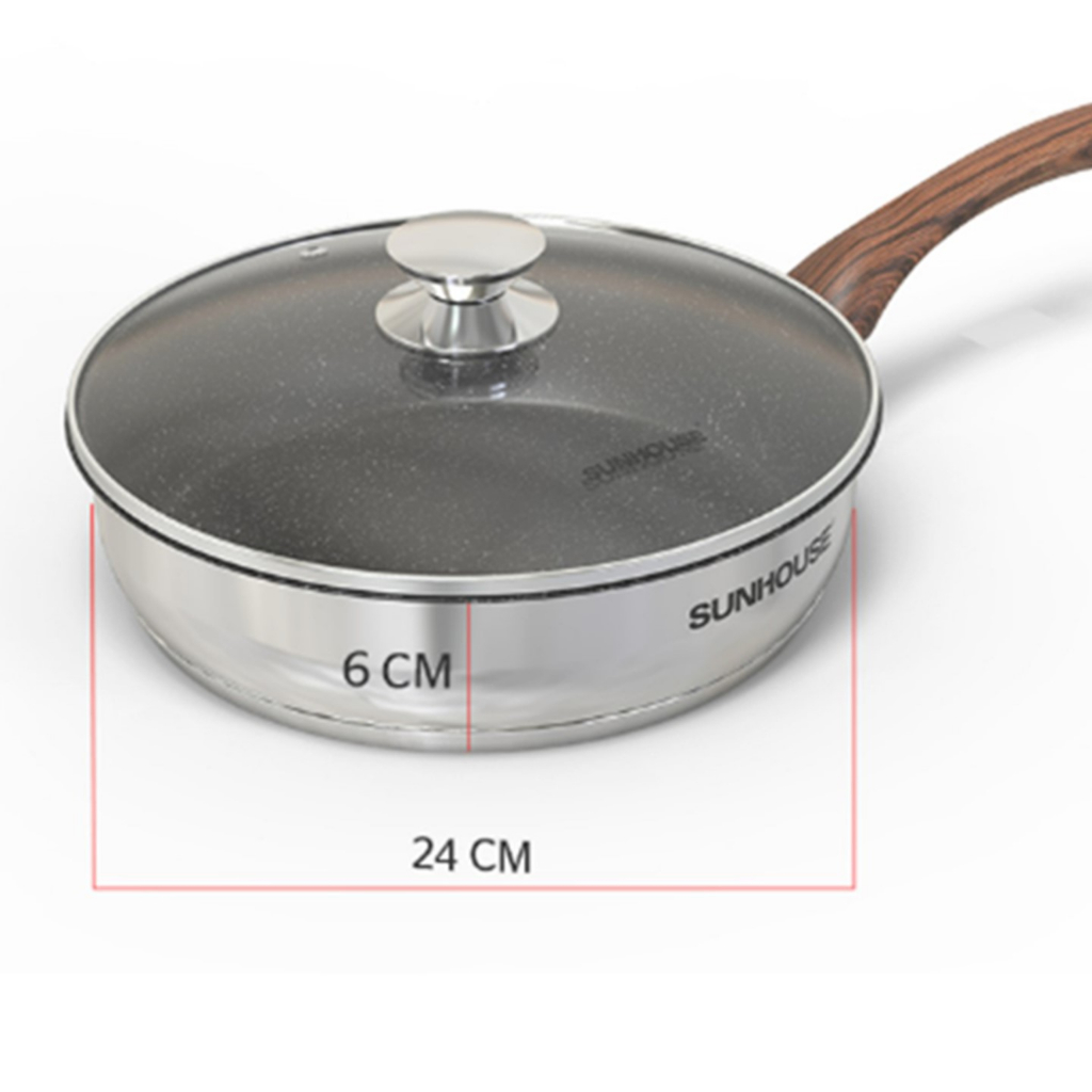 Chảo inox 5  đáy chống dính vân đá Sunhouse  IN16M4 -IN28M4 Dùng Trên Mọi Loại Bếp- Sản Phẩm Chính Hãng