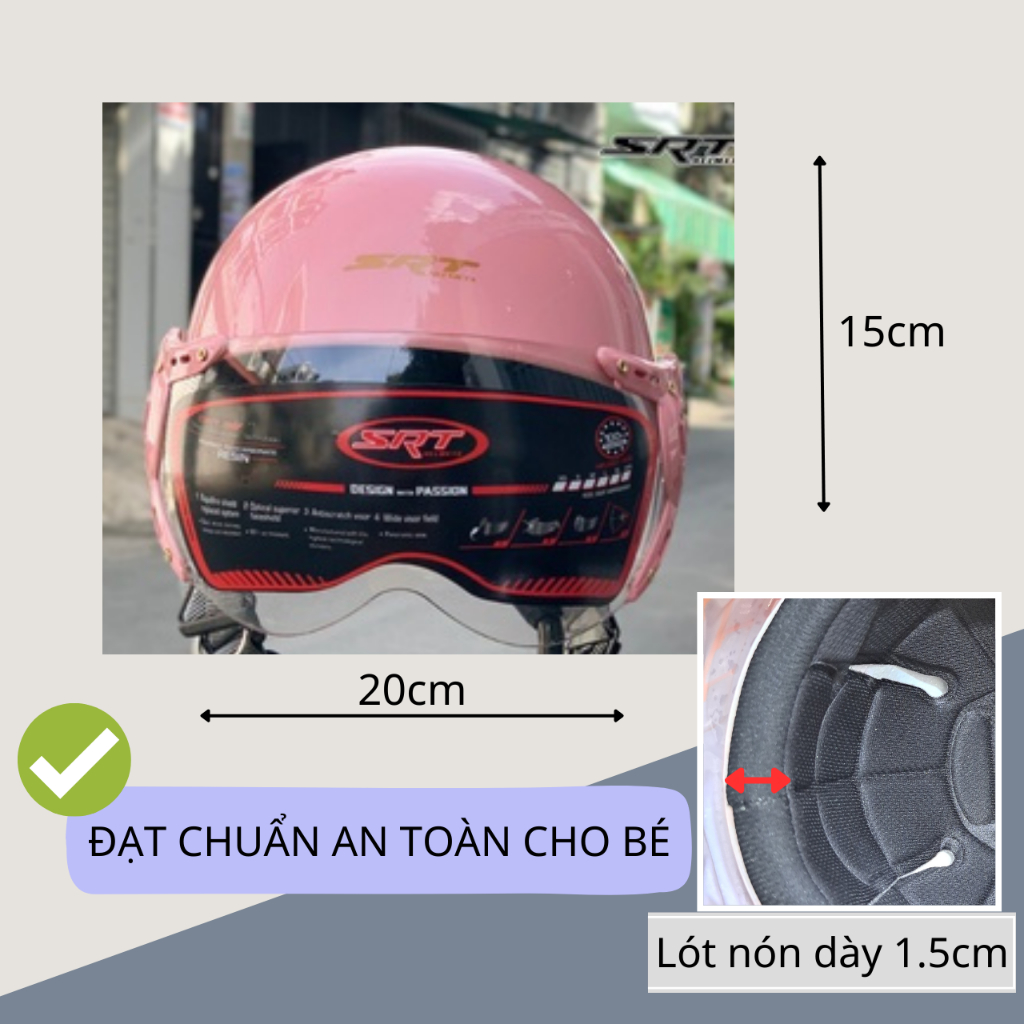 Mũ bảo hiểm 1/2 đầu SRT TRẺ EM có kính, tem CÔNG CHÚA dễ thương cho bé 3-7 tuổi (Vòng đầu 45-53cm)- Bảo hành 12 tháng