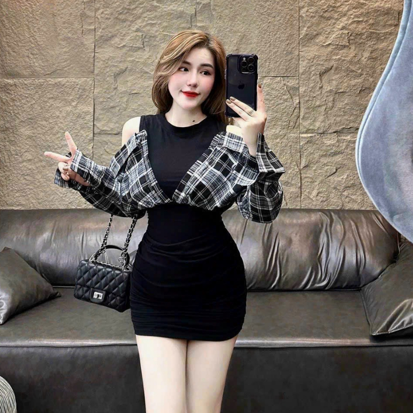 Đầm váy nữ dự tiệc thun gân ôm body cổ tròn phối áo sơ mi kẻ caro tay dài duyên dáng sang chảnh cho nữ đi tiệc ,đi chơi