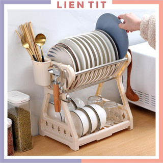 Kệ để bát đĩa, giá úp chén bát nhựa 2 tầng có khay hứng nước, ống đũa tiện lợi