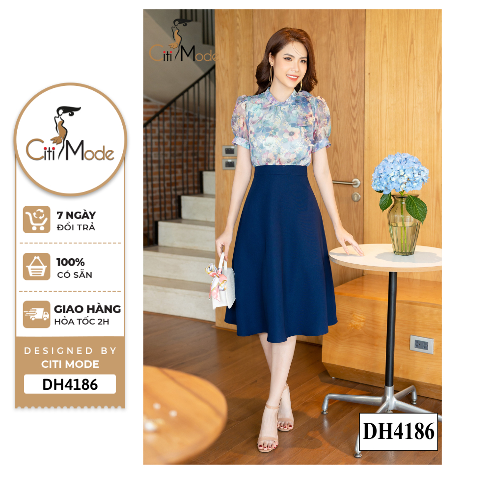 Đầm công sở CITI MODE FASHION thiết kế xoè hoa cổ nơ phối chân váy xanh DH4186