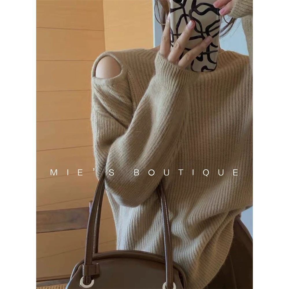 (ORDER) Áo len gân dệt kim cổ tròn khoét hở vai 1 bên form thụng style Hàn Quốc