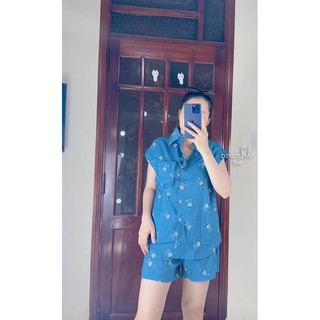 Set bộ jeans hoạ tiết áo sát nách cổ bẻ phối quần short!