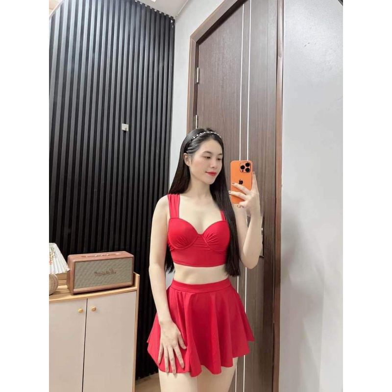 Bikini đi biển nữ bikini 2 mảnh kín đáo áo nâng ngực váy xòe lưng cao che bụng có quần đùi bên trong Xuka