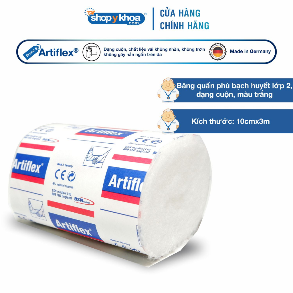 Artiflex - Băng Quấn Phù Bạch Huyết Lớp 2 Size 10cm x 3m, Dạng Cuộn, Màu Trắng