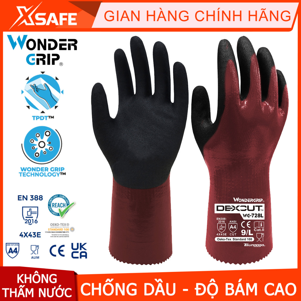Găng tay bảo hộ lao động Wonder Grip WG-728L chống dầu phủ nitrile, chống thấm nước, chất lỏng, hiệu suất bám dính tốt