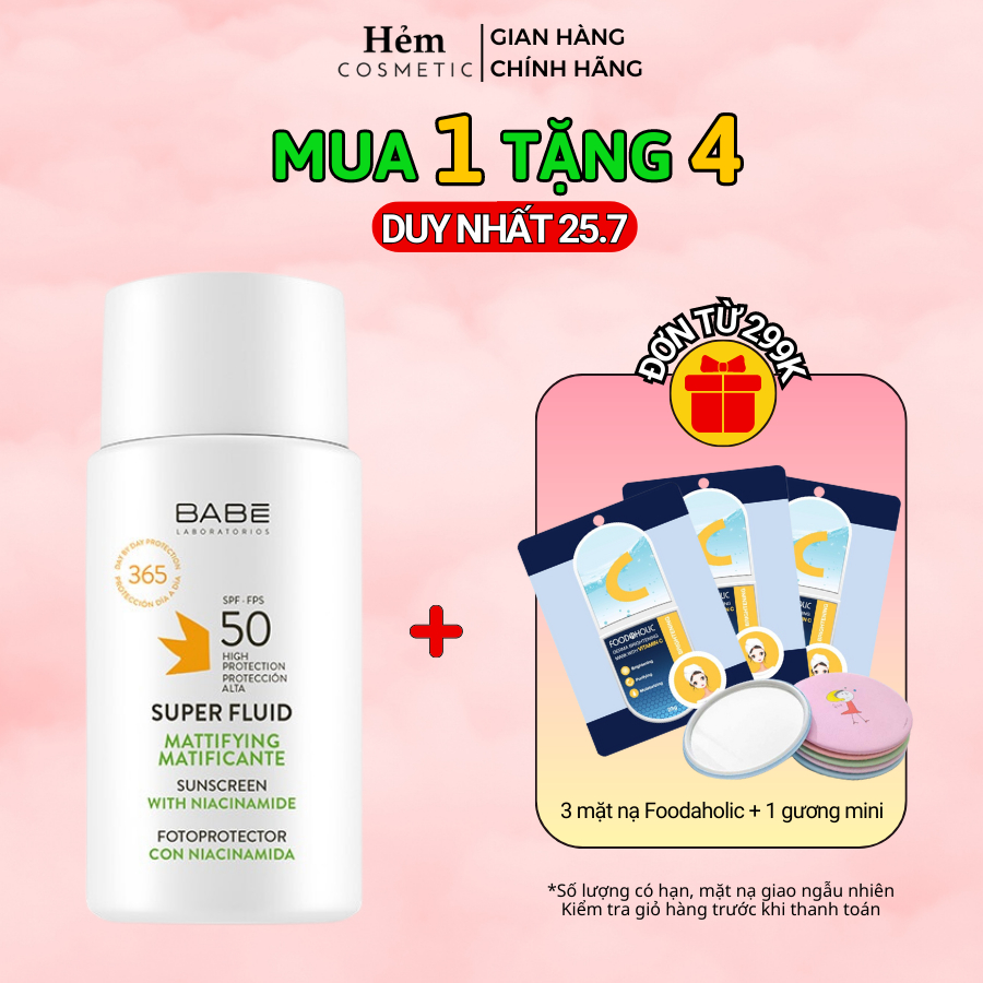 Kem chống nắng BABÉ Super Fluid Mattifying sunscreen SPF 50 phổ rộng, kiểm soát dầu 50ml - Hẻm Cosmetic