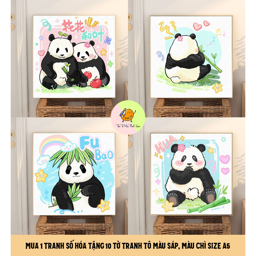 Tranh Số Hóa Gấu Trúc Fubao, Hoa Hoa, Hòa Diệp 20x20cm Tranh Sơn Dầu Số Hóa - Tiệm Tô Màu Thanh Xuân