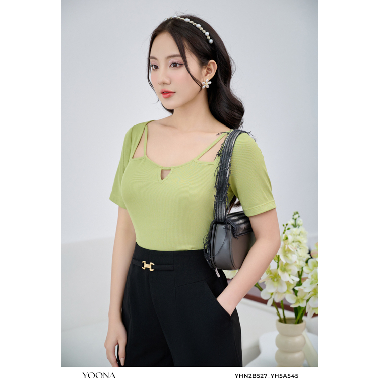Áo cotton tăm tay ngắn xanh pastel cổ cách điệu YOONA - YHN2B527
