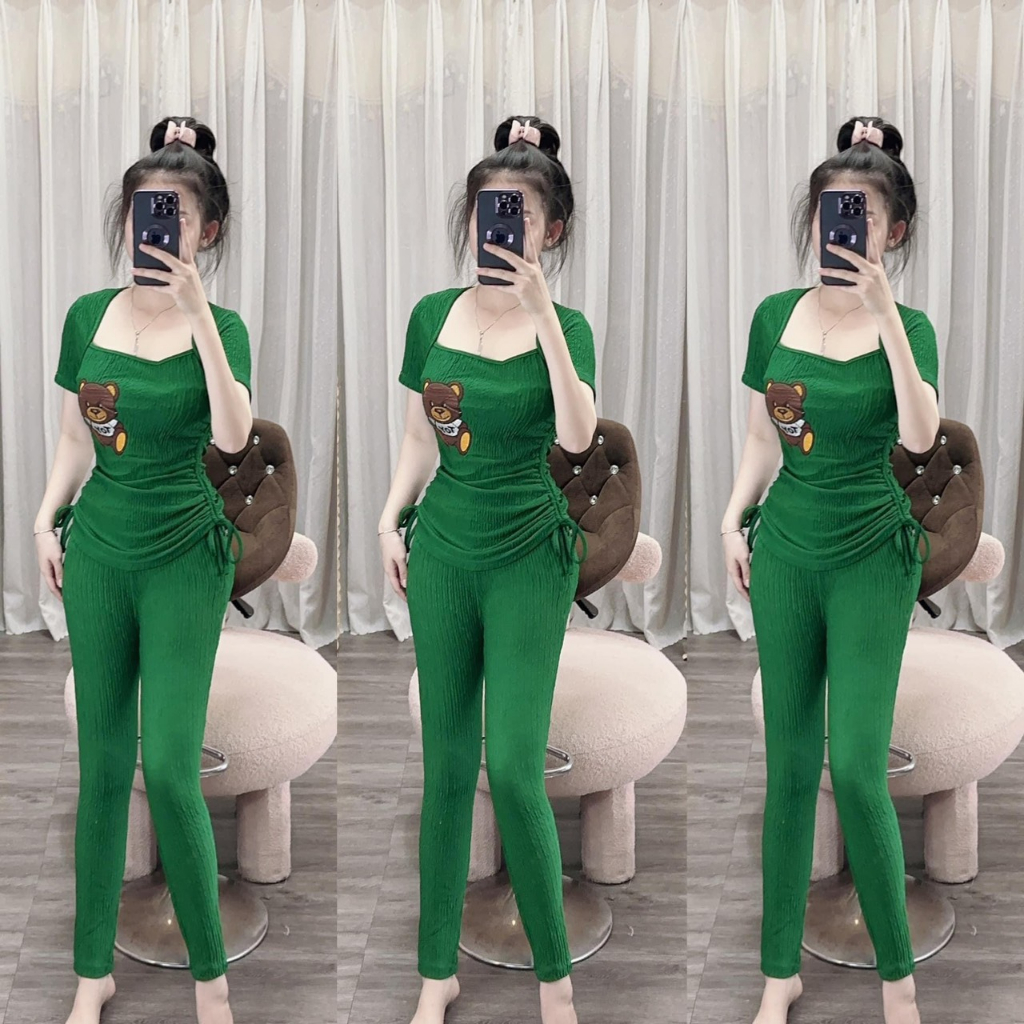 Sét bộ mặc nhà, đồ bộ nữ Bigsize Hằng Moon, Set Bộ Dài Ôm Thêu Gấu Rút Dây