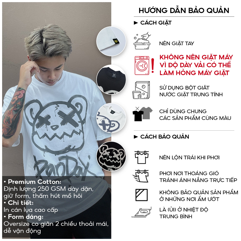 Áo thun nam form rộng local brand Pandax big bear cotton big size chính hãng basic cổ tròn tay lỡ unisex trắng đen
