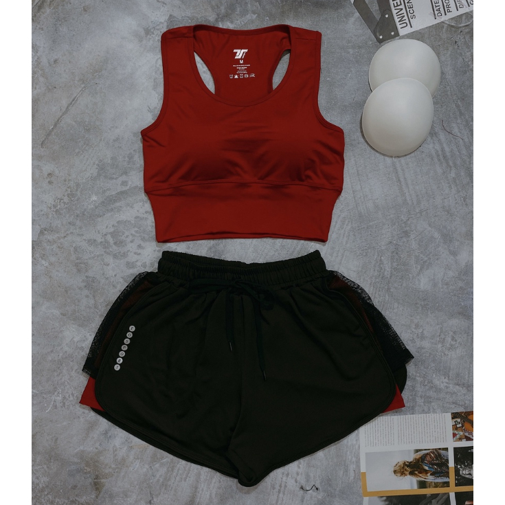 Bộ Bra/Croptop & Quần Đùi 2 Lớp Cao Cấp, Bộ Tập Gym Yoga Erobic Nữ,Vải Dày Dặn, Thấm Hút Mồ Hôi Tốt,Co Giãn