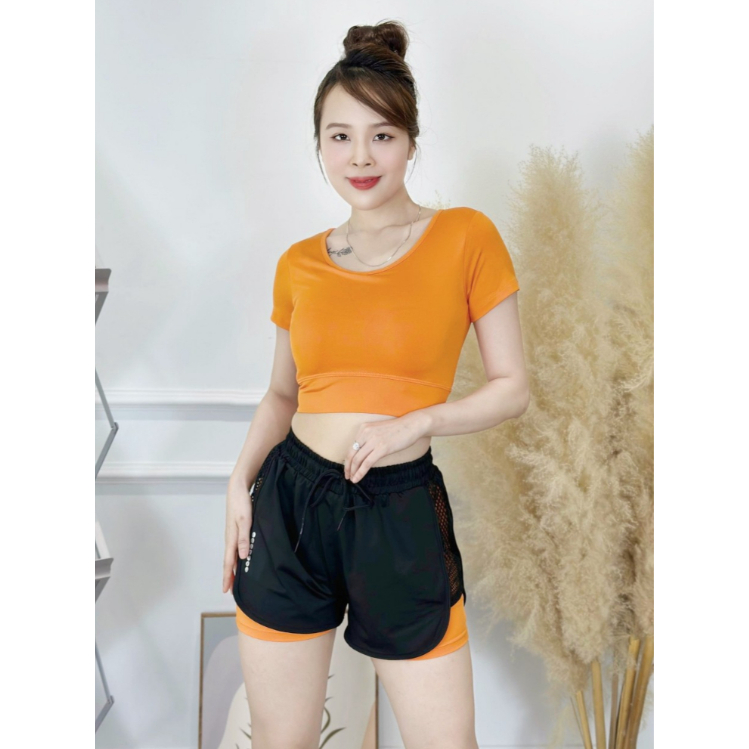 Bộ Bra/Croptop & Quần Đùi 2 Lớp Cao Cấp, Bộ Tập Gym Yoga Erobic Nữ,Vải Dày Dặn, Thấm Hút Mồ Hôi Tốt,Co Giãn