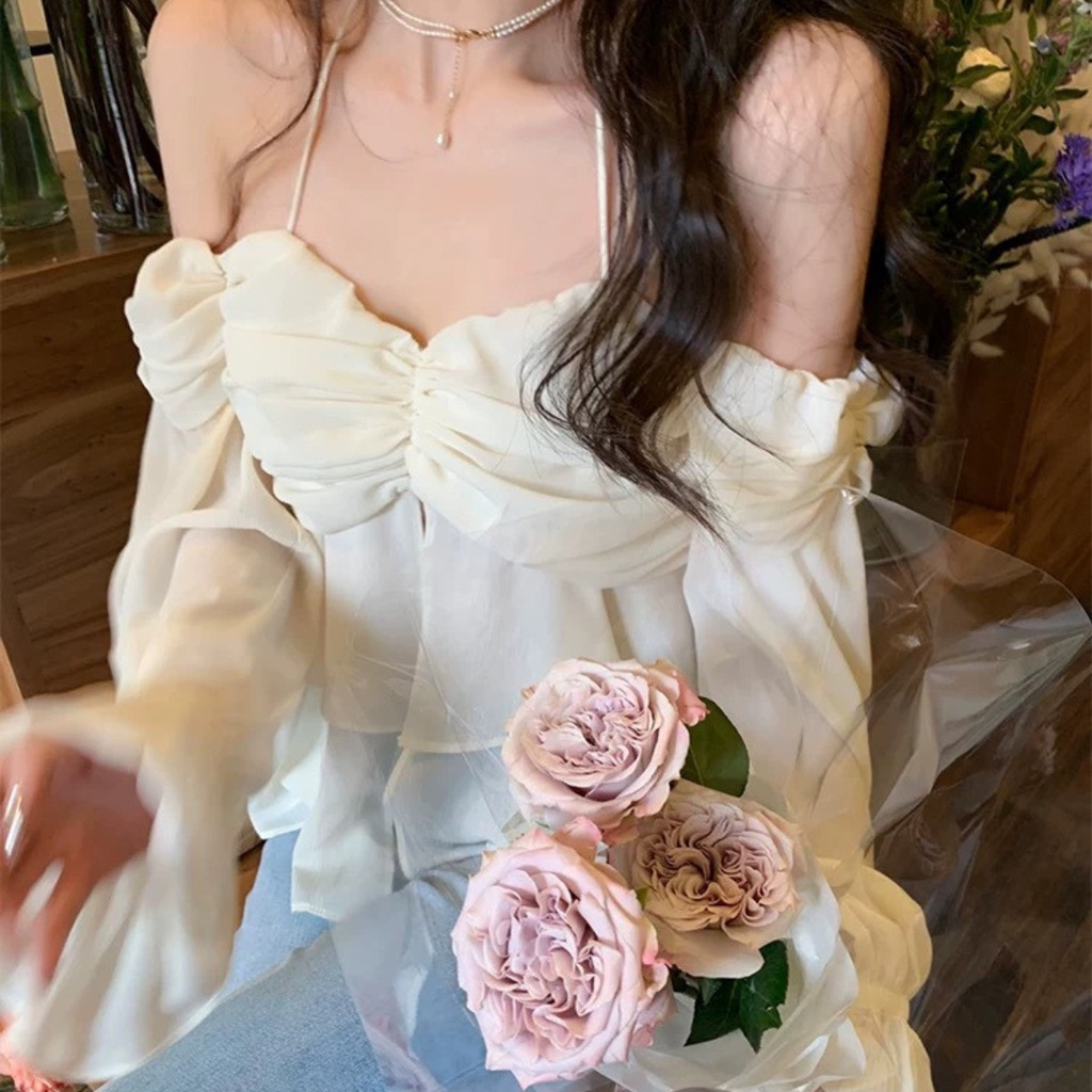 Áo trễ vai tay dài bèo phối cổ dây rút nhún ngực phong cách tiểu thư xinh xắn chất liệu voan mềm mại nhẹ nhàng Amimishop