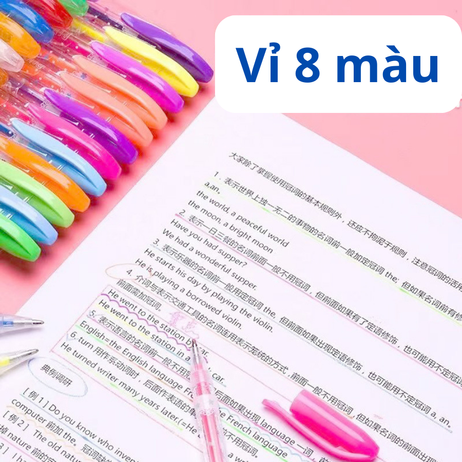 Bộ 8 Cây Bút Gel Nhũ CQ901-8 Chất Liệu An Toàn, Màu Mực Tươi Sáng - Học Sinh Store