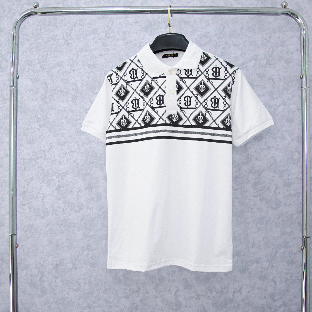 Áo thun nam cổ bẻ thêu họa tiết trang nhã vải cotton co giãn cao cấp