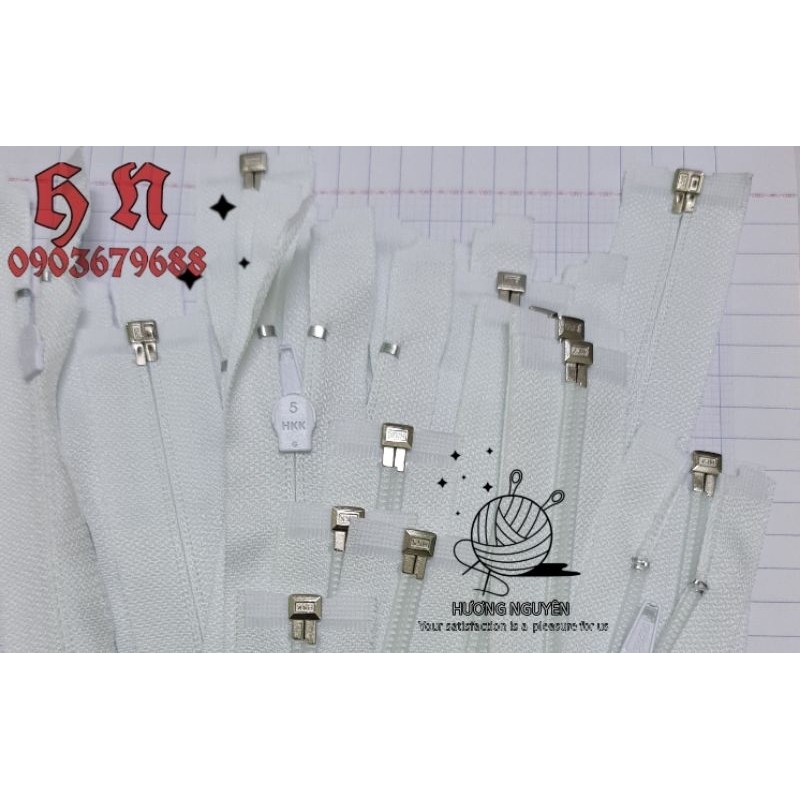 1 lố 12 Dây kéo hkk cước 30cm 40cm 50cm 60cm 70cm 80cm 100cm 120cm 150cm trắng đen răng 5 CƯỚC áo nhựa thay áo khoác