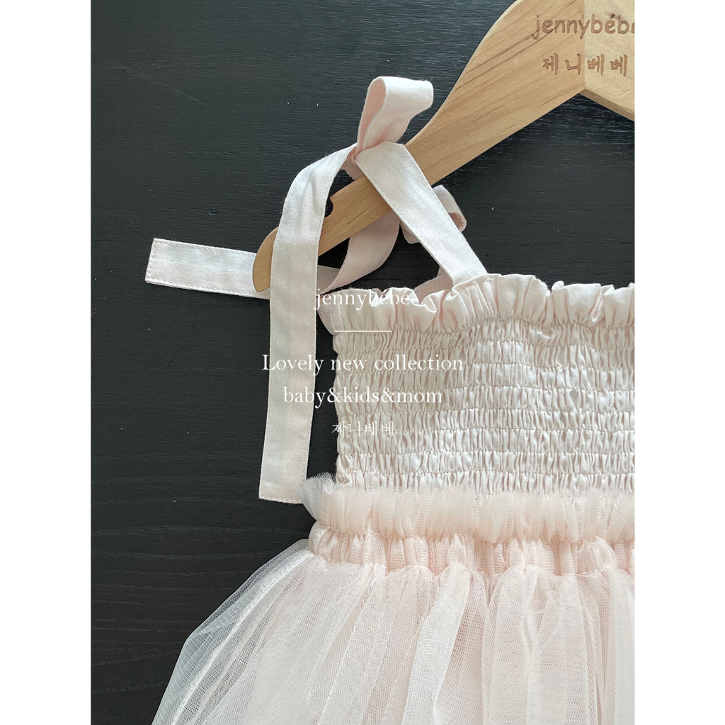 Bodysuit Jennybebe hồng nhún ngực chân váy ren bé gái