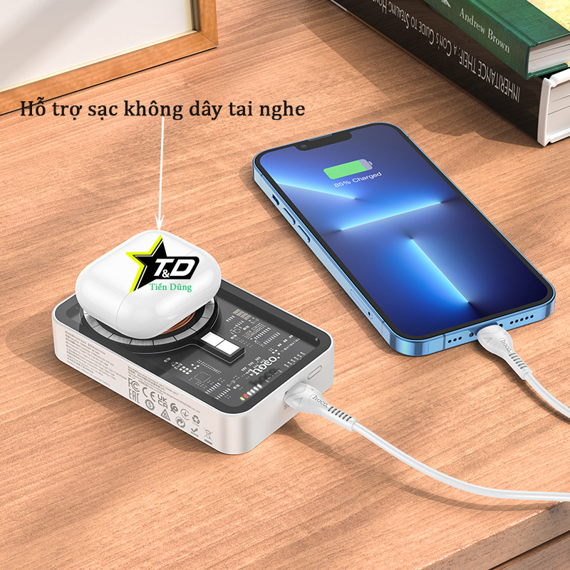 Sạc dự phòng có sạc không dây Hoco Q10A pin 10000mAh PD20w + QC3.0 không dây 5W/7.5W/10W/15W cho điện thoại và tai nghe