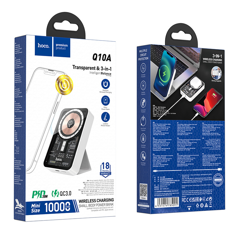 Sạc dự phòng có sạc không dây Hoco Q10A pin 10000mAh PD20w + QC3.0 không dây 5W/7.5W/10W/15W cho điện thoại và tai nghe