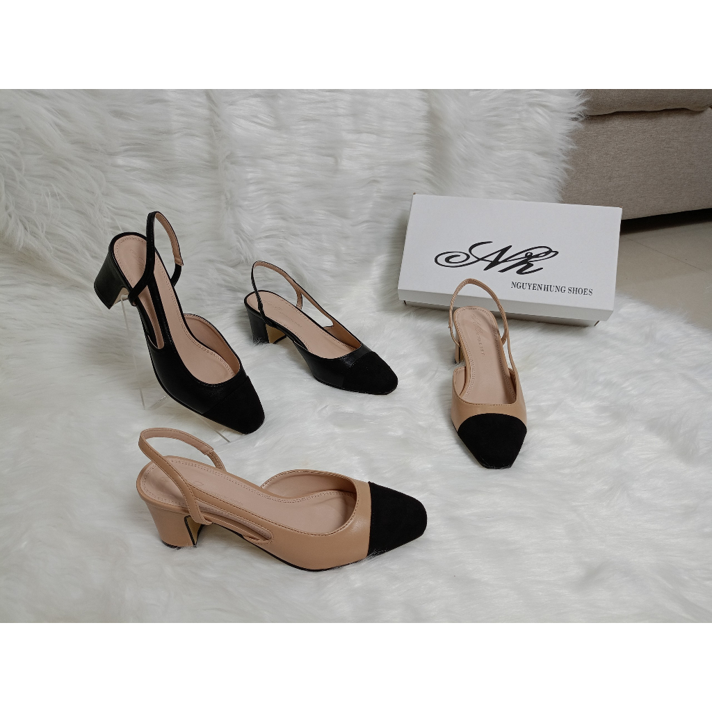 Giày công sở gót trụ vuông 5cm/ slingback vá mũi da gà gót trụ vuông 5cm/ nguyên hưng shoes