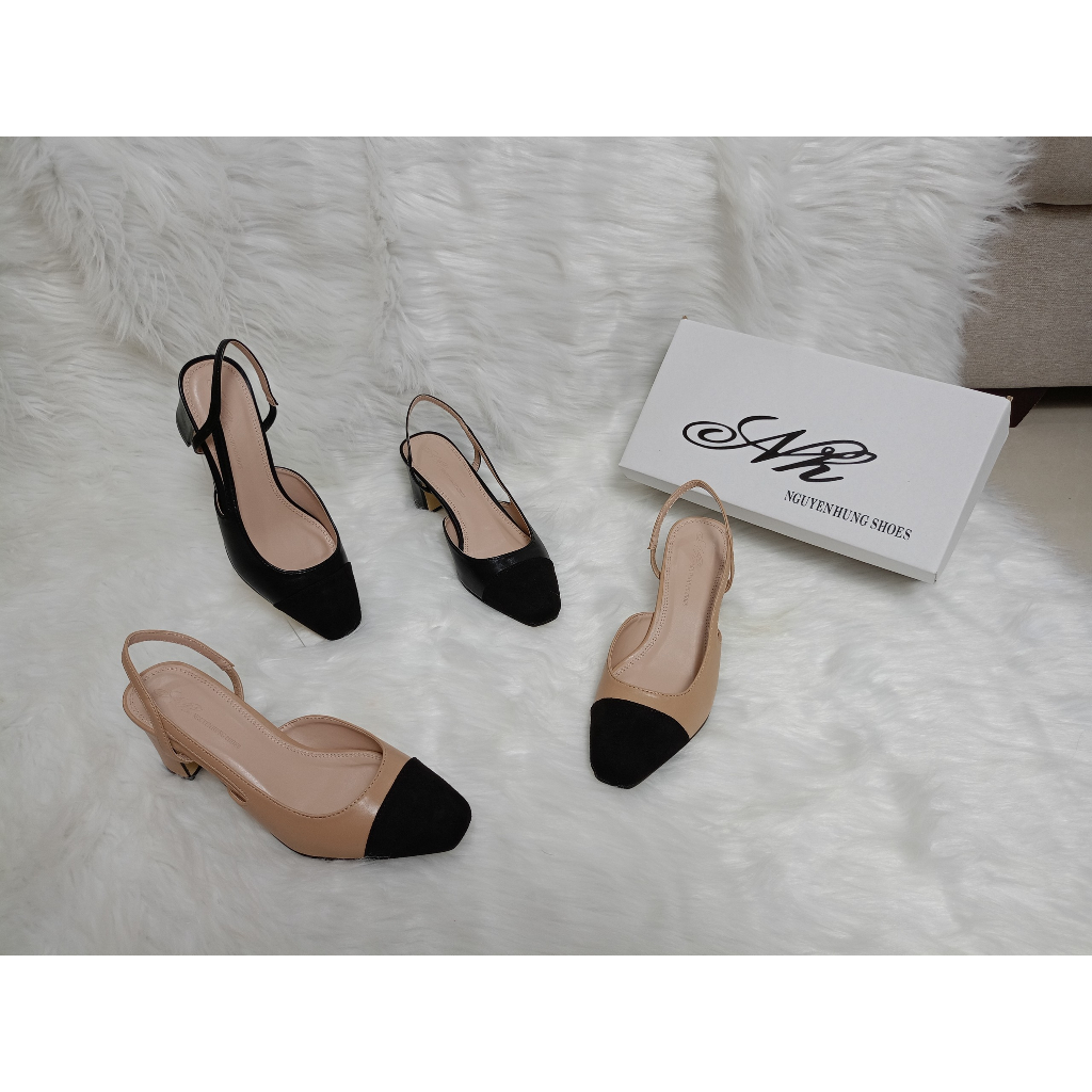 Giày công sở gót trụ vuông 5cm/ slingback vá mũi da gà gót trụ vuông 5cm/ nguyên hưng shoes
