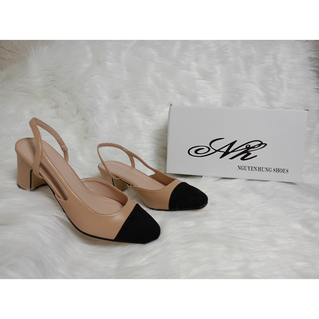 Giày công sở gót trụ vuông 5cm/ slingback vá mũi da gà gót trụ vuông 5cm/ nguyên hưng shoes