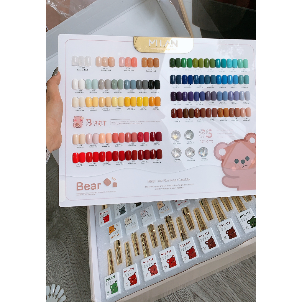 Sét sơn Gel 65 màu Milan chai gấu siêu xinh 15ml tặng bảng màu, base top