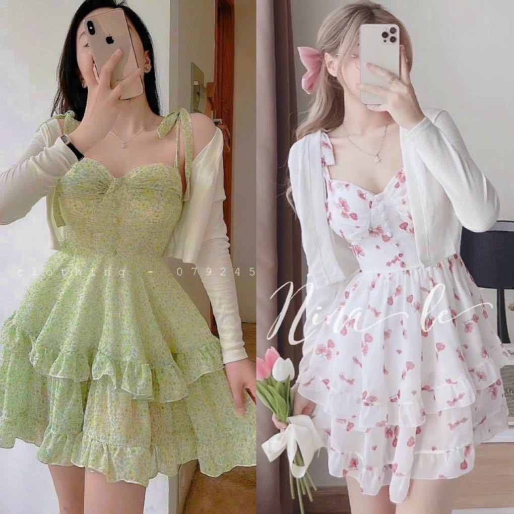 Đầm voan hoa nút bọc bèo tầng kèm áo khoác cadigan tiểu thư Ht0122