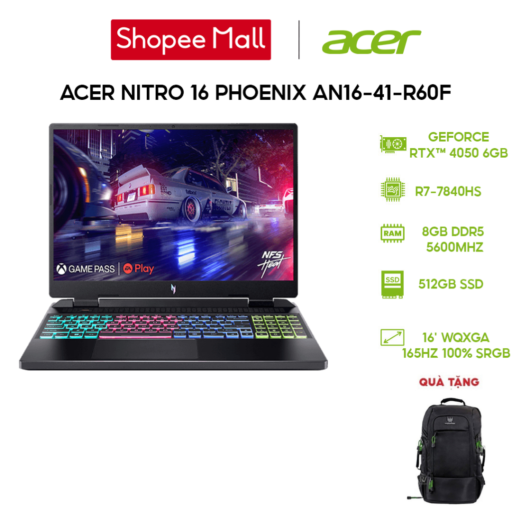 Laptop Acer Nitro 16 Phoenix AN16-41-R60F R7-7840HS|8GB|512GB|RTX™ 4050 6GB|16'