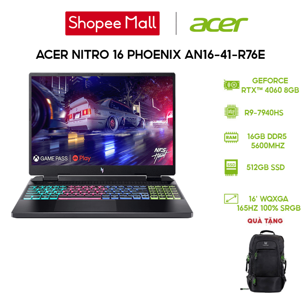 Laptop Acer Nitro 16 Phoenix AN16-41-R76E R9-7940HS|16GB|512GB|RTX™ 4060 8GB|16'