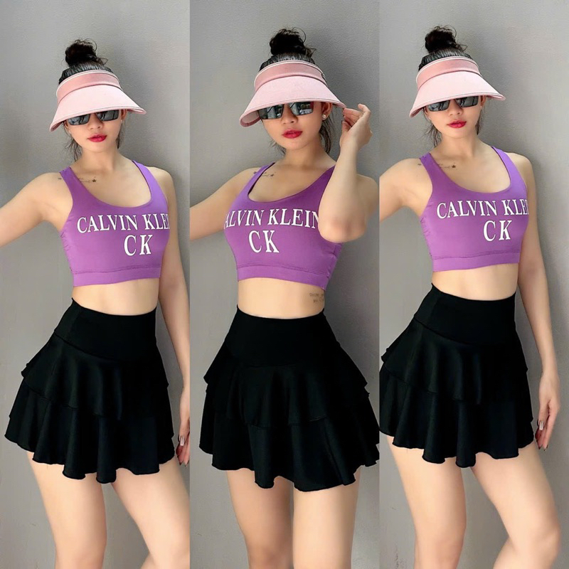 Sét váy tầng áo bra CK tập gym yoga chạy bộ