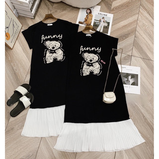 Váy xuông đuôi cá cotton hình gấu chân voan dập
