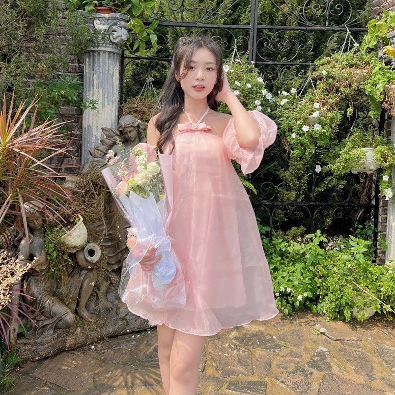 Đầm váy yếm nữ nơ ngực có dây buộc tay bồng trễ vai hot trend tôn da, tôn dáng với tone màu đơn giản diện đi chơi,đi làm