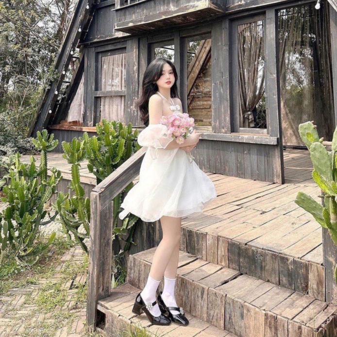 Đầm váy yếm nữ nơ ngực có dây buộc tay bồng trễ vai hot trend tôn da, tôn dáng với tone màu đơn giản diện đi chơi,đi làm