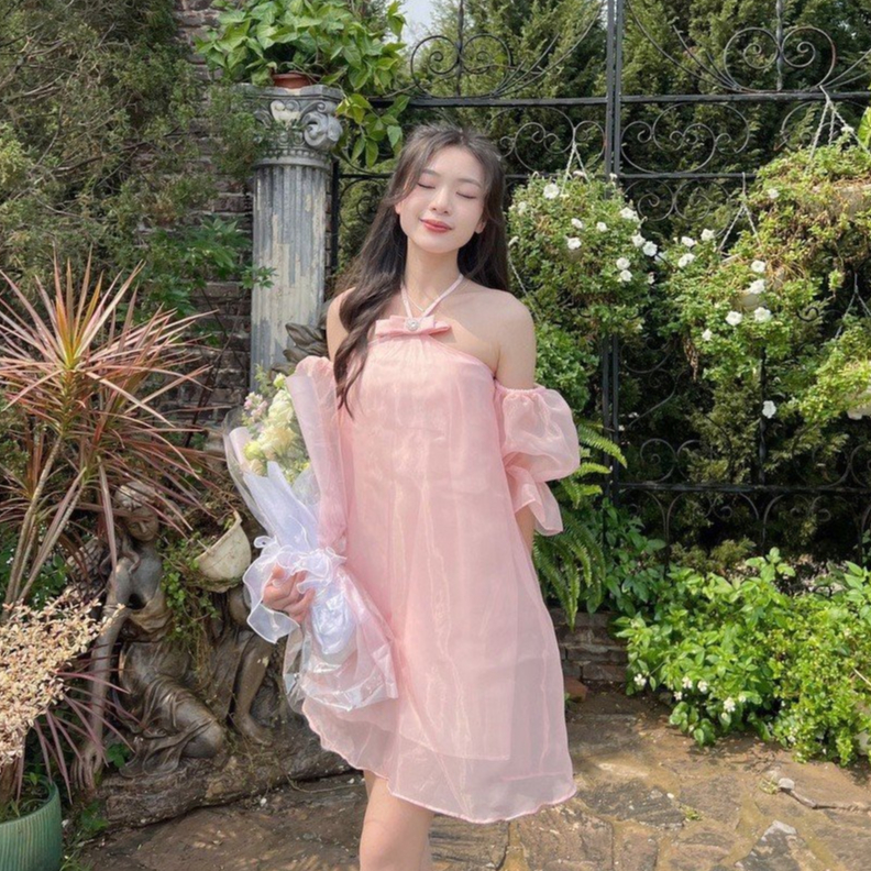 Đầm váy yếm nữ nơ ngực có dây buộc tay bồng trễ vai hot trend tôn da, tôn dáng với tone màu đơn giản diện đi chơi,đi làm