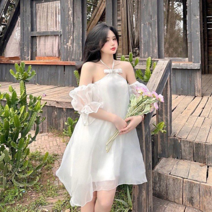 Đầm váy yếm nữ nơ ngực có dây buộc tay bồng trễ vai hot trend tôn da, tôn dáng với tone màu đơn giản diện đi chơi,đi làm