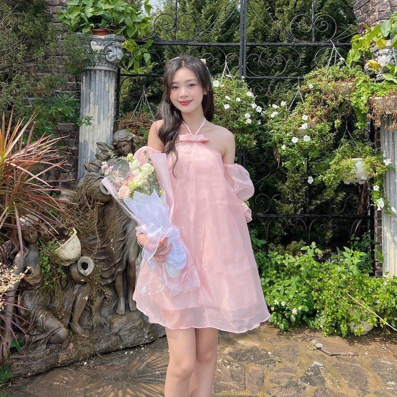 Đầm váy yếm nữ nơ ngực có dây buộc tay bồng trễ vai hot trend tôn da, tôn dáng với tone màu đơn giản diện đi chơi,đi làm