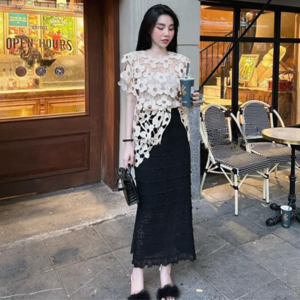 Sét đồ nữ mùa hè PHUONGMOON, áo ren hoa mix chân váy ren xinh xỉu