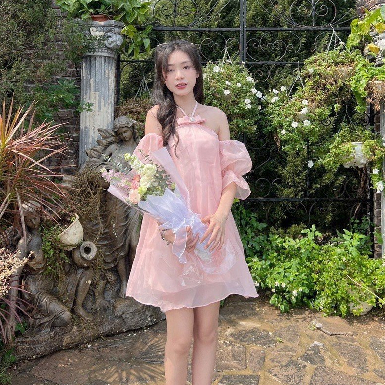 Đầm váy yếm nữ nơ ngực có dây buộc tay bồng trễ vai hot trend tôn da, tôn dáng với tone màu đơn giản diện đi chơi,đi làm