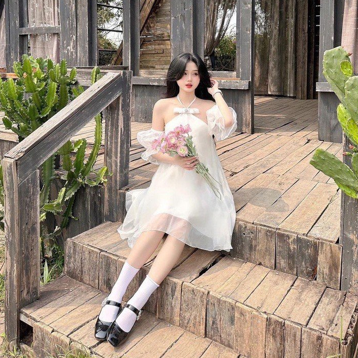 Đầm váy yếm nữ nơ ngực có dây buộc tay bồng trễ vai hot trend tôn da, tôn dáng với tone màu đơn giản diện đi chơi,đi làm