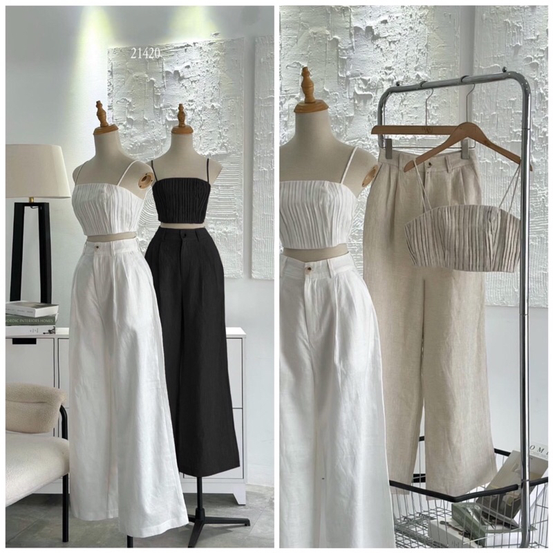 Set linen mùa hè áo xếp li quần suông