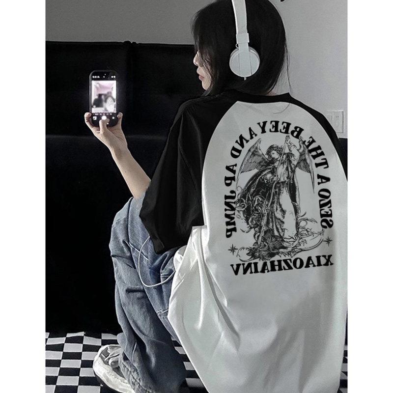 CLOT Áo thun nữ local brand trắng tee tay đen vintage Fashion oversize tee cotton Thiên thần